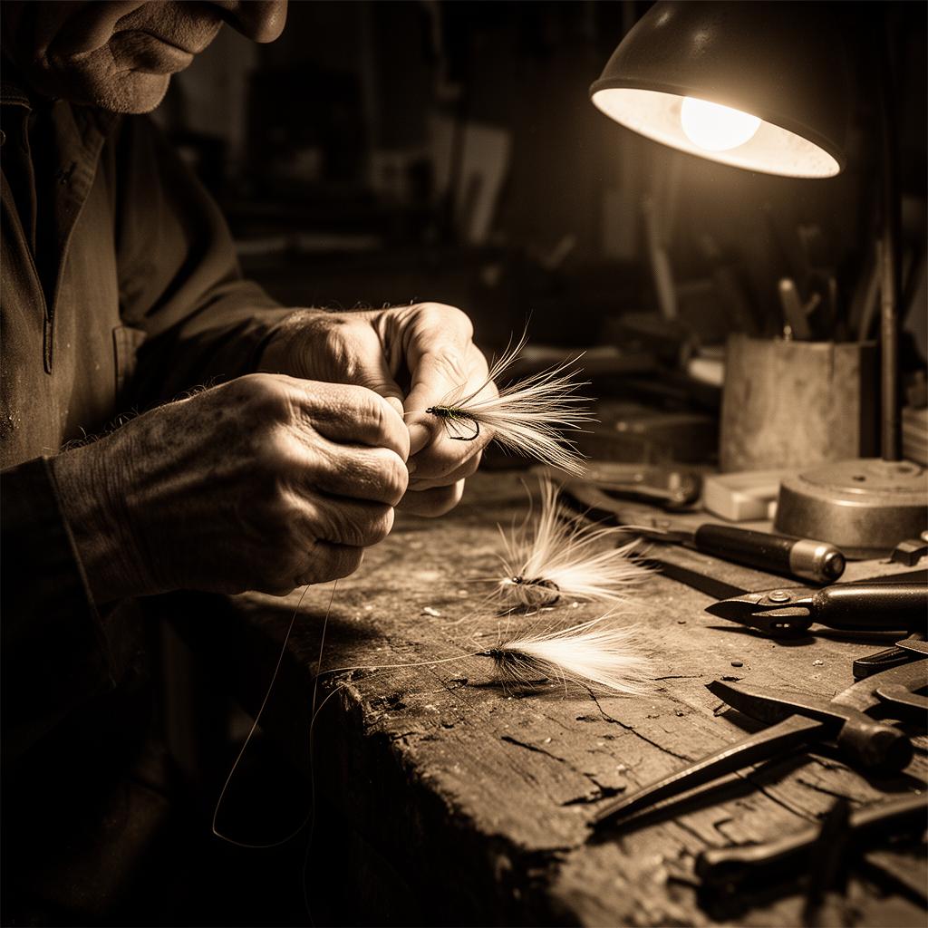 Craftsman tying a fishing fly under a workshop lamp